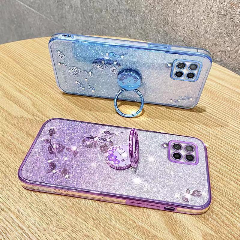 For Samsung Galaxy A42 5G Phone Case Flash Women's and Girls Pink Flower Transparent Shock Protection Luxury Diamond Shining Phone Case Soft TPU
