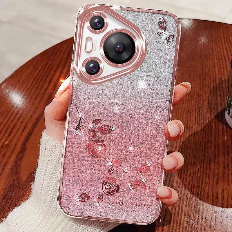 For Huawei Pura 70 Phone Case Flash Women's and Girls Pink Flower Transparent Shock Protection Luxury Diamond Shining Phone Case Soft TPU