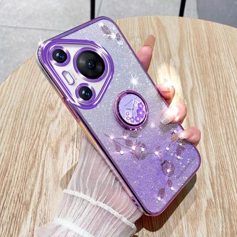For Huawei Pura 70 Phone Case Flash Women's and Girls Pink Flower Transparent Shock Protection Luxury Diamond Shining Phone Case Soft TPU
