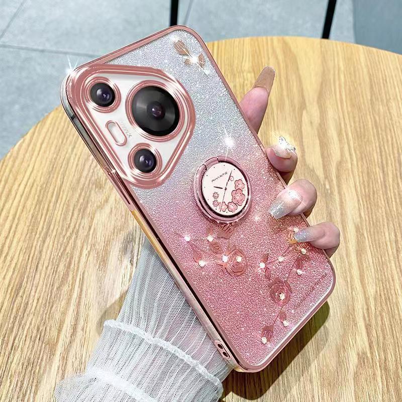 For Huawei Pura 70 Phone Case Flash Women's and Girls Pink Flower Transparent Shock Protection Luxury Diamond Shining Phone Case Soft TPU