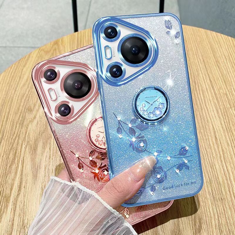 For Huawei Pura 70 Phone Case Flash Women's and Girls Pink Flower Transparent Shock Protection Luxury Diamond Shining Phone Case Soft TPU