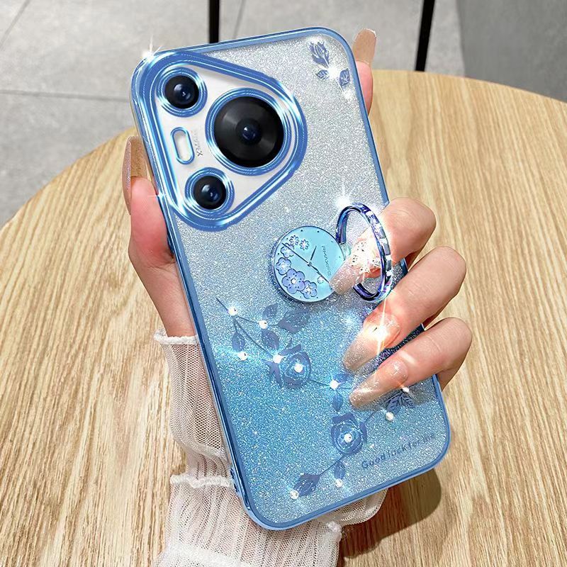 For Huawei Pura 70 Phone Case Flash Women's and Girls Pink Flower Transparent Shock Protection Luxury Diamond Shining Phone Case Soft TPU