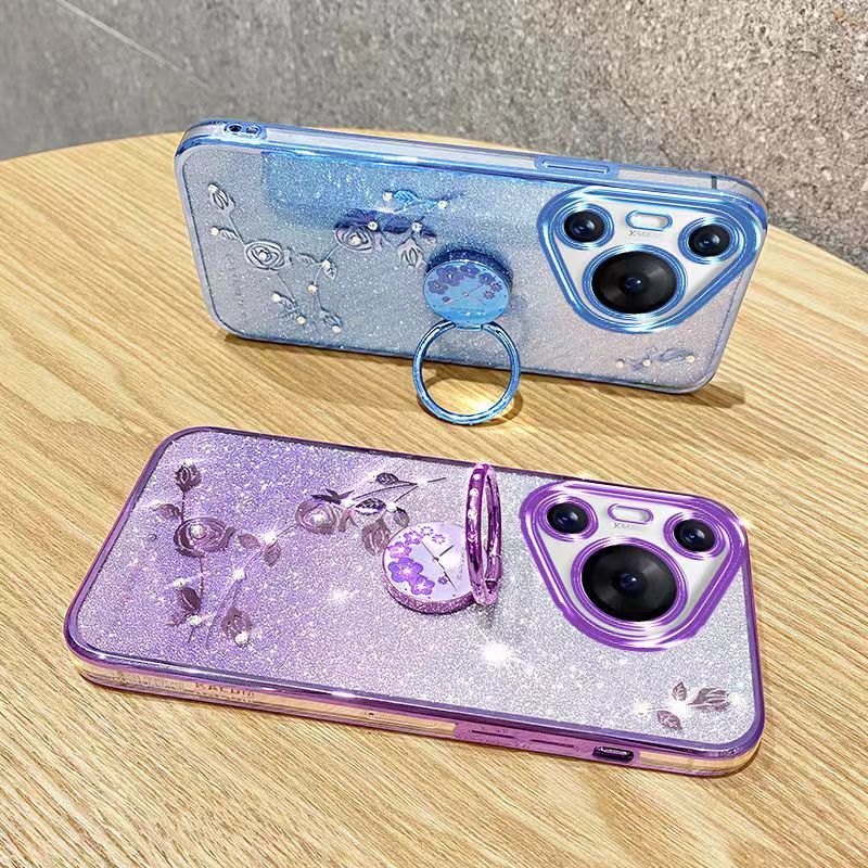 For Huawei Pura 70 Pro /Pura 70 Pro+ Phone Case Flash Women's and Girls Pink Flower Transparent Shock Protection Luxury Diamond Shining Phone Case Soft TPU