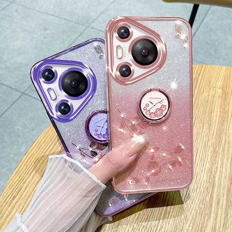 For Huawei Pura 70 Pro /Pura 70 Pro+ Phone Case Flash Women's and Girls Pink Flower Transparent Shock Protection Luxury Diamond Shining Phone Case Soft TPU