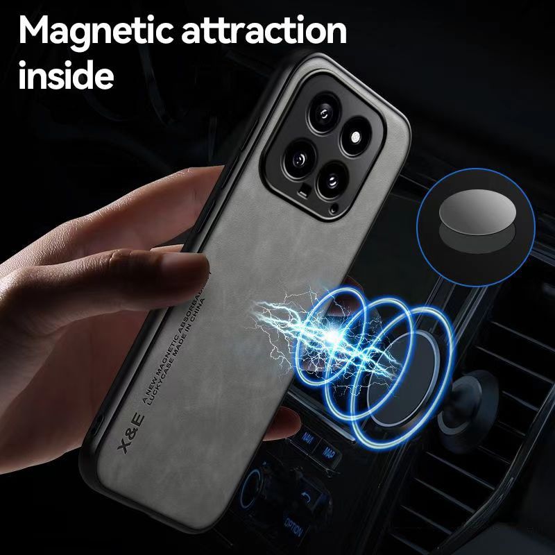 Business Luxury Sheepskin Pattern Leather Invisible Car Mounted Magnetic Phone Case For XiaoMi 14 5G, Shockproof Protective Case