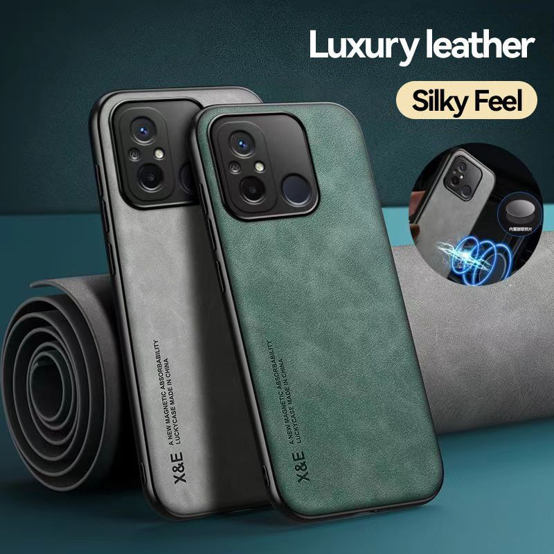 Business Luxury Sheepskin Pattern Leather Invisible Car Mounted Magnetic Phone Case For Xiaomi Redmi 12C 4G Shockproof Protective Case