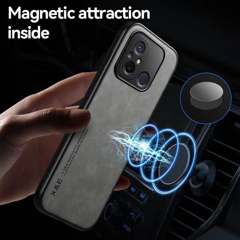 Business Luxury Sheepskin Pattern Leather Invisible Car Mounted Magnetic Phone Case For Xiaomi Redmi 12C 4G Shockproof Protective Case