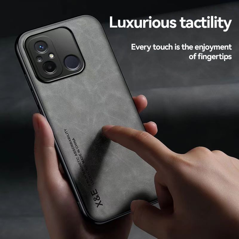 Business Luxury Sheepskin Pattern Leather Invisible Car Mounted Magnetic Phone Case For Xiaomi Redmi 12C 4G Shockproof Protective Case