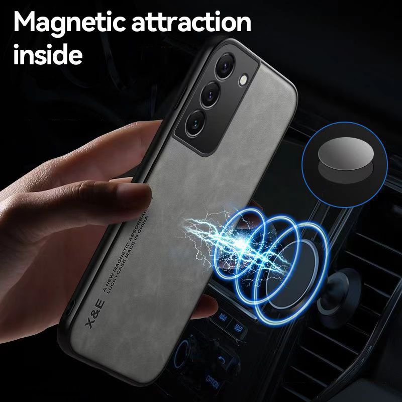 Business Luxury Sheepskin Pattern Leather Invisible Car Mounted Magnetic Phone Case For Samsung Galaxy S22 Shockproof Protective Case