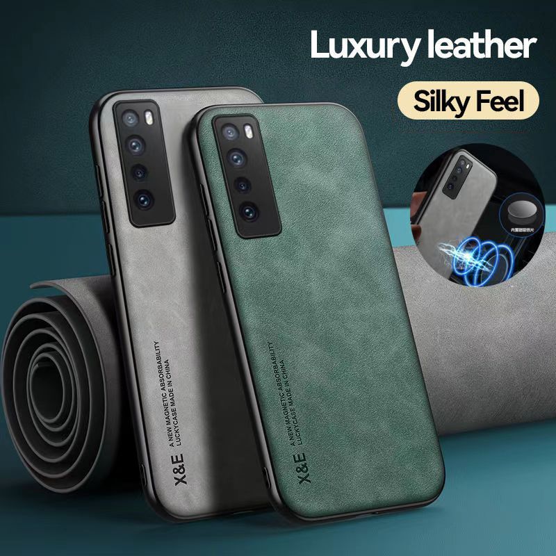 Business Luxury Sheepskin Pattern Leather Invisible Car Mounted Magnetic Phone Case For Huawei Nova 7 Shockproof Protective Case