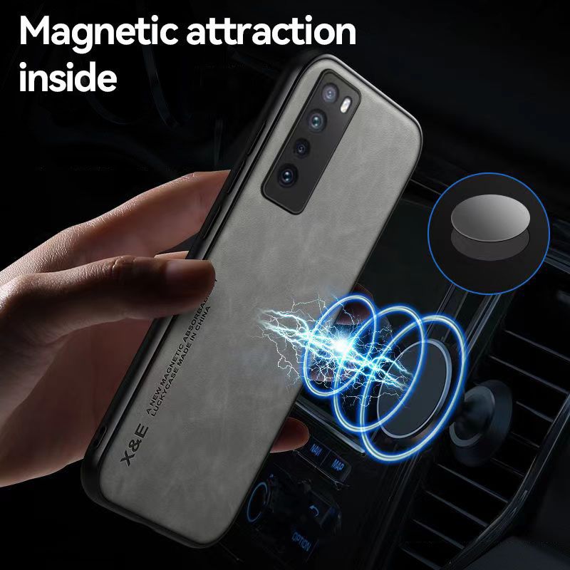 Business Luxury Sheepskin Pattern Leather Invisible Car Mounted Magnetic Phone Case For Huawei Nova 7 Shockproof Protective Case
