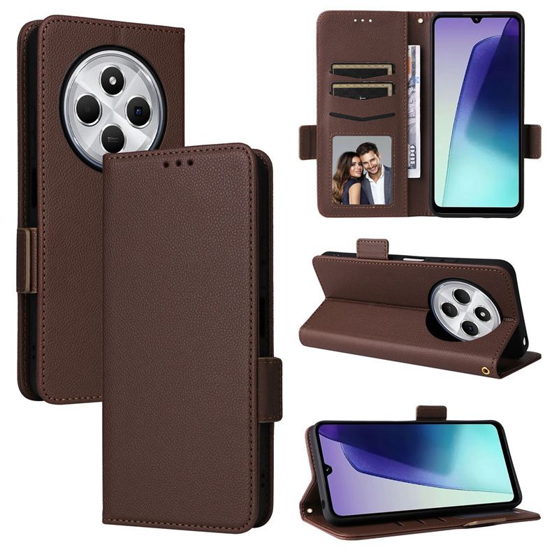 Wallet Flip Cover for Xiaomi Redmi 14C/ Poco C75 Case Lychee Pattern Leather Magnetic Flip Folio Stand Phone Cover with Card Holder