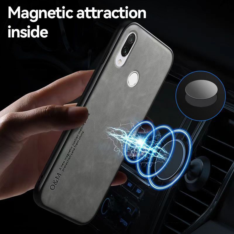 Business Luxury Sheepskin Pattern Leather Invisible Car Mounted Magnetic Phone Case For Huawei Y9 2019 Shockproof Protective Case