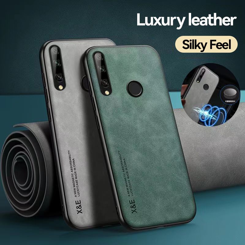 Business Luxury Sheepskin Pattern Leather Invisible Car Mounted Magnetic Phone Case For Huawei Y9 Prime 2019 Shockproof Protective Case