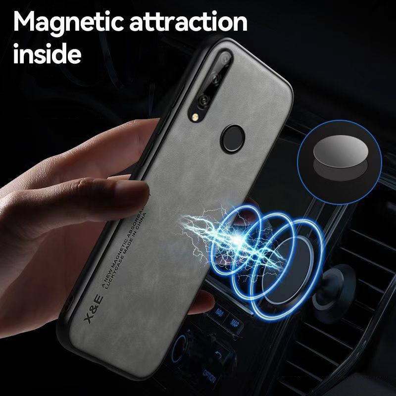 Business Luxury Sheepskin Pattern Leather Invisible Car Mounted Magnetic Phone Case For Huawei Y9 Prime 2019 Shockproof Protective Case