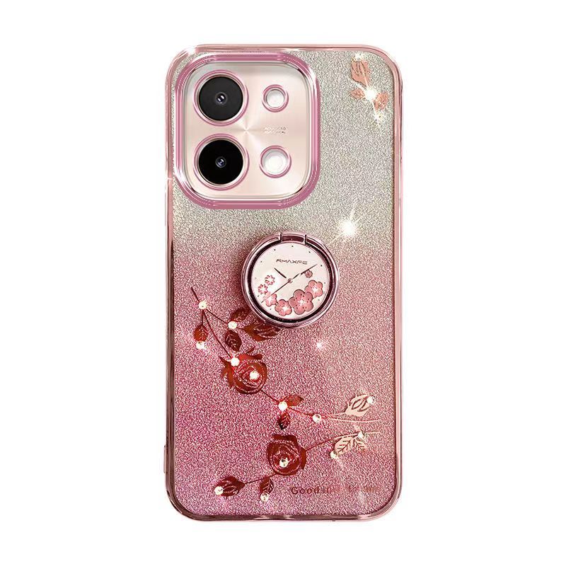 For Vivo Y28 4G Phone Case Flash Women's and Girls Pink Flower Transparent Shock Protection Luxury Diamond Shining Phone Case Soft TPU