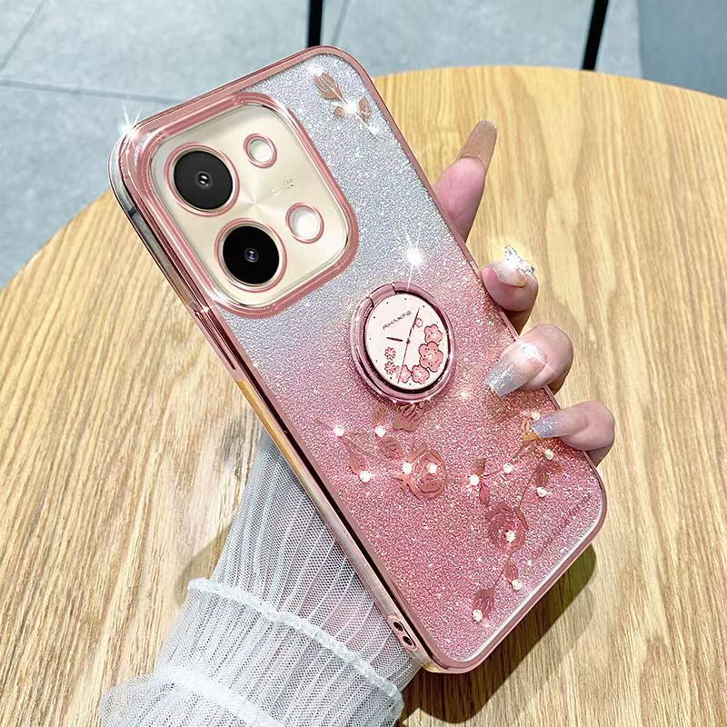 For Vivo Y28 4G Phone Case Flash Women's and Girls Pink Flower Transparent Shock Protection Luxury Diamond Shining Phone Case Soft TPU