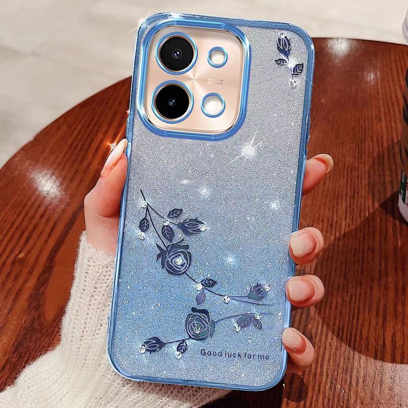 For Vivo Y28 4G Phone Case Flash Women's and Girls Pink Flower Transparent Shock Protection Luxury Diamond Shining Phone Case Soft TPU