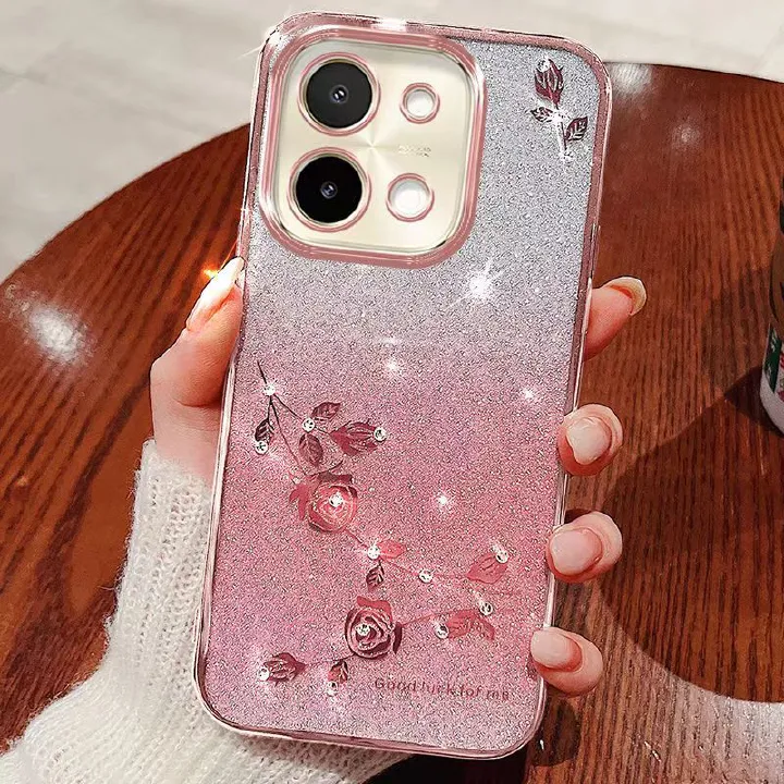 For Vivo Y28 4G Phone Case Flash Women's and Girls Pink Flower Transparent Shock Protection Luxury Diamond Shining Phone Case Soft TPU