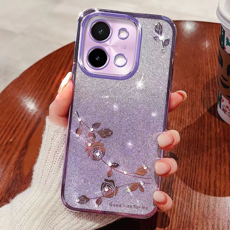 For Vivo Y28 4G Phone Case Flash Women's and Girls Pink Flower Transparent Shock Protection Luxury Diamond Shining Phone Case Soft TPU