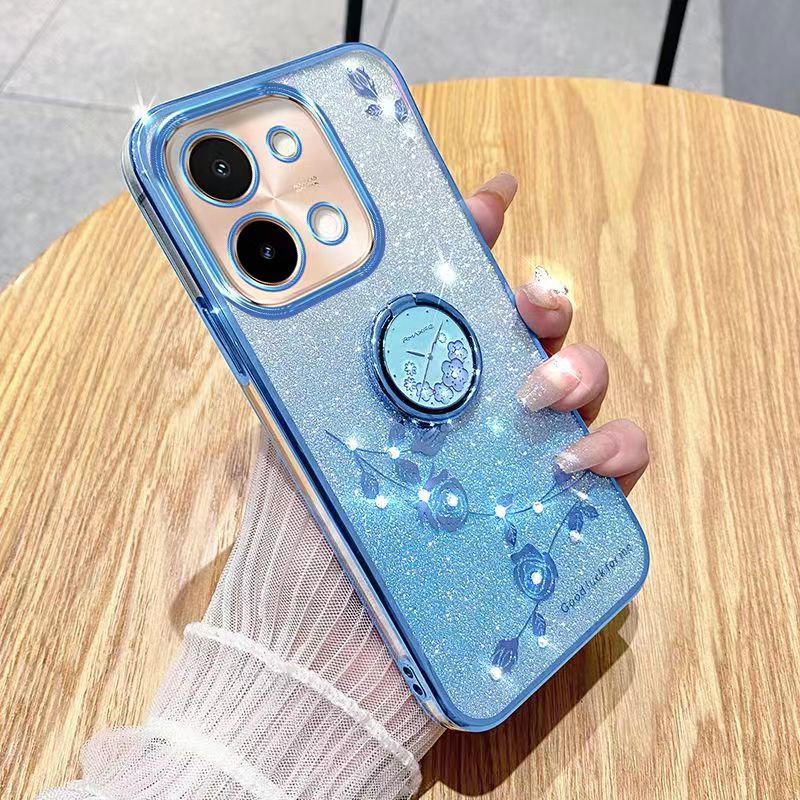 For Vivo Y28 4G Phone Case Flash Women's and Girls Pink Flower Transparent Shock Protection Luxury Diamond Shining Phone Case Soft TPU