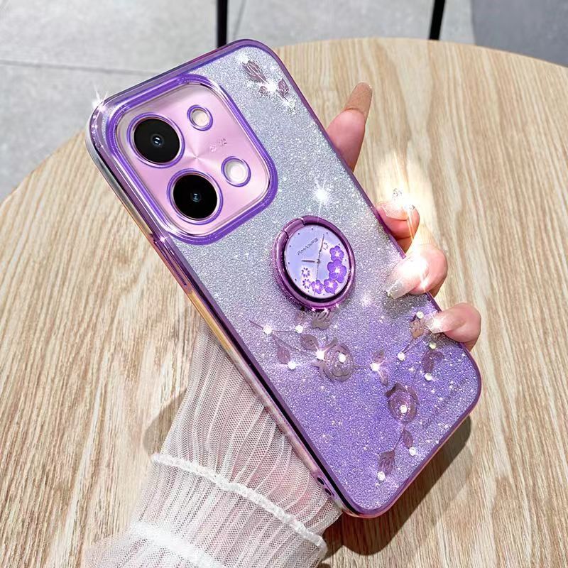 For Vivo Y28 4G Phone Case Flash Women's and Girls Pink Flower Transparent Shock Protection Luxury Diamond Shining Phone Case Soft TPU
