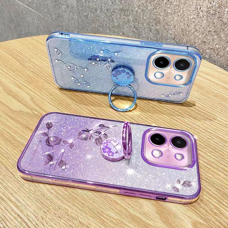 For Vivo Y28 4G Phone Case Flash Women's and Girls Pink Flower Transparent Shock Protection Luxury Diamond Shining Phone Case Soft TPU