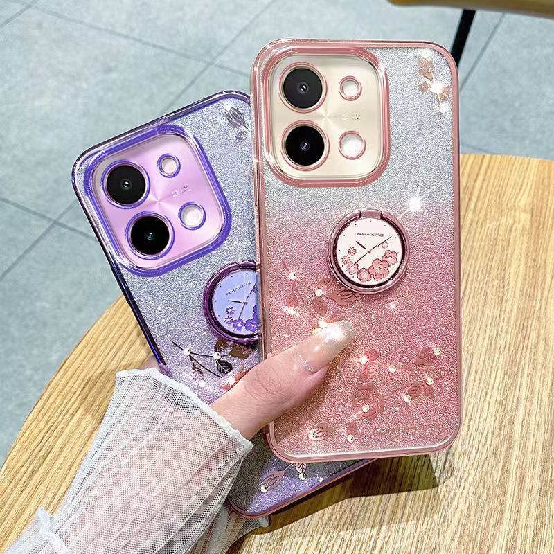 For Vivo Y28 4G Phone Case Flash Women's and Girls Pink Flower Transparent Shock Protection Luxury Diamond Shining Phone Case Soft TPU