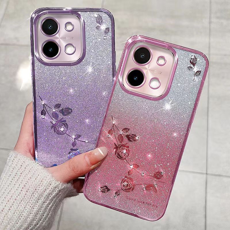For Vivo Y28 4G Phone Case Flash Women's and Girls Pink Flower Transparent Shock Protection Luxury Diamond Shining Phone Case Soft TPU