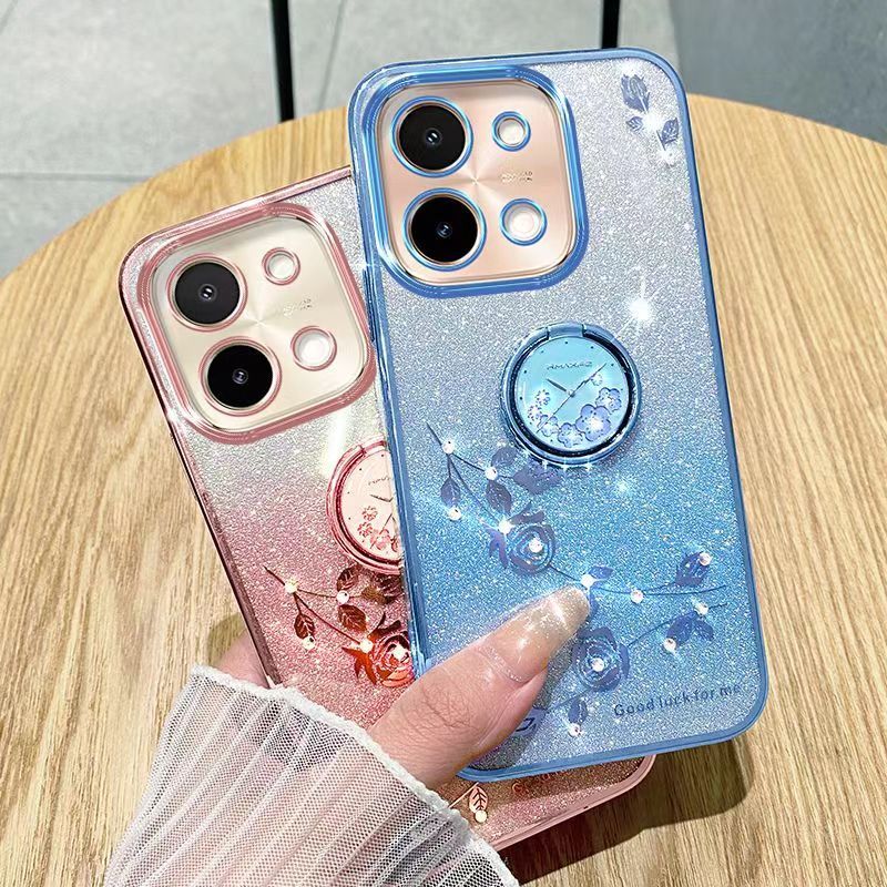 For Vivo Y28 4G Phone Case Flash Women's and Girls Pink Flower Transparent Shock Protection Luxury Diamond Shining Phone Case Soft TPU