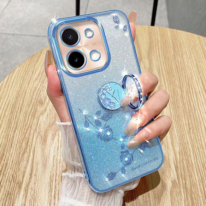 For Vivo Y28 4G Phone Case Flash Women's and Girls Pink Flower Transparent Shock Protection Luxury Diamond Shining Phone Case Soft TPU