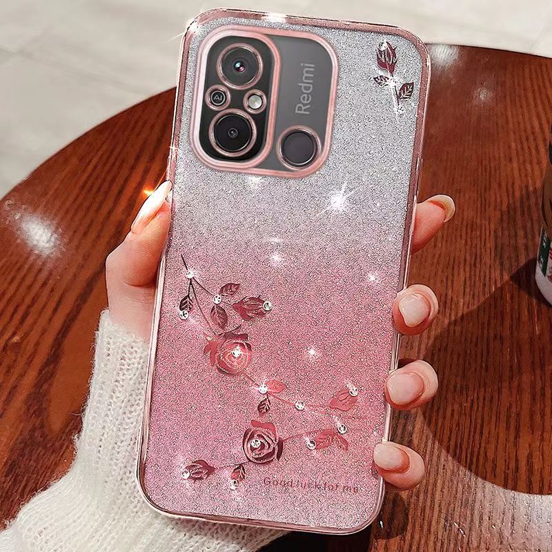 For Xiaomi Redmi 12C Phone Case Flash Women's and Girls Pink Flower Transparent Shock Protection Luxury Diamond Shining Phone Case Soft TPU