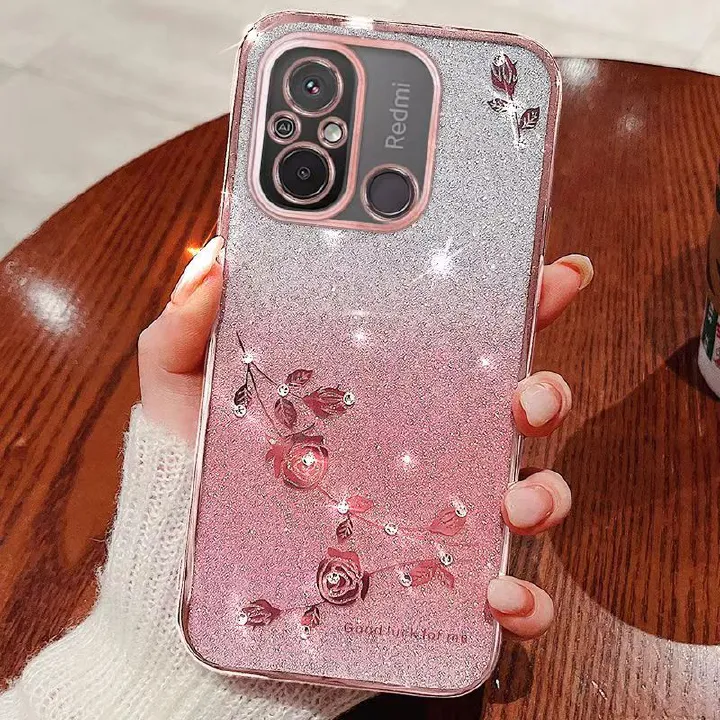 For Xiaomi Redmi 12C Phone Case Flash Women's and Girls Pink Flower Transparent Shock Protection Luxury Diamond Shining Phone Case Soft TPU