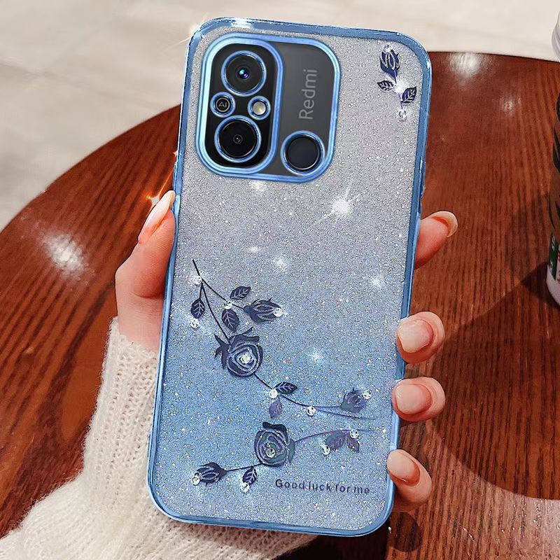 For Xiaomi Redmi 12C Phone Case Flash Women's and Girls Pink Flower Transparent Shock Protection Luxury Diamond Shining Phone Case Soft TPU