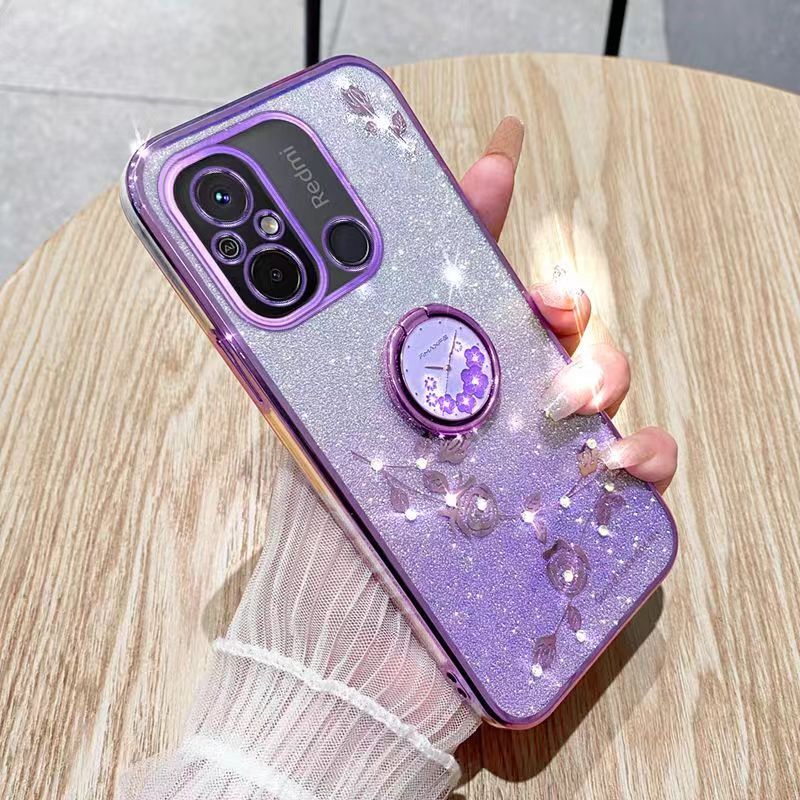 For Xiaomi Redmi 12C Phone Case Flash Women's and Girls Pink Flower Transparent Shock Protection Luxury Diamond Shining Phone Case Soft TPU
