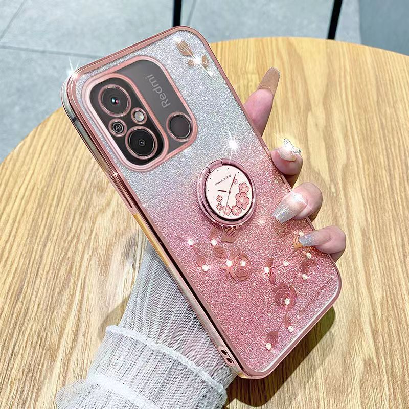 For Xiaomi Redmi 12C Phone Case Flash Women's and Girls Pink Flower Transparent Shock Protection Luxury Diamond Shining Phone Case Soft TPU