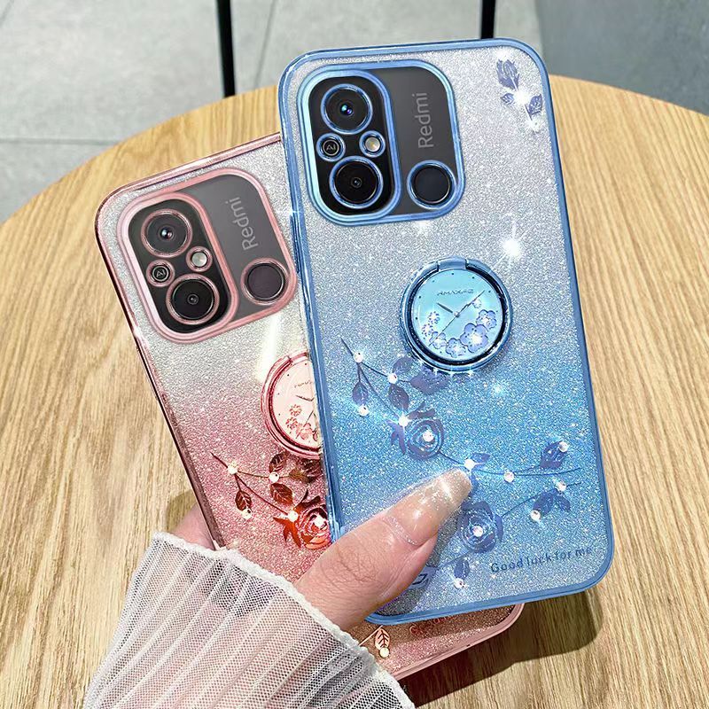 For Xiaomi Redmi 12C Phone Case Flash Women's and Girls Pink Flower Transparent Shock Protection Luxury Diamond Shining Phone Case Soft TPU