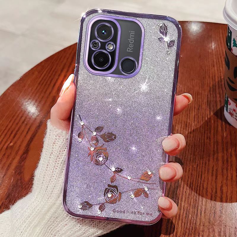For Xiaomi Redmi 12C Phone Case Flash Women's and Girls Pink Flower Transparent Shock Protection Luxury Diamond Shining Phone Case Soft TPU