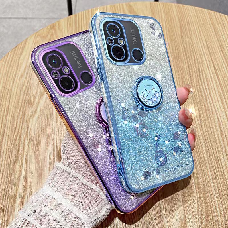 For Xiaomi Redmi 12C Phone Case Flash Women's and Girls Pink Flower Transparent Shock Protection Luxury Diamond Shining Phone Case Soft TPU