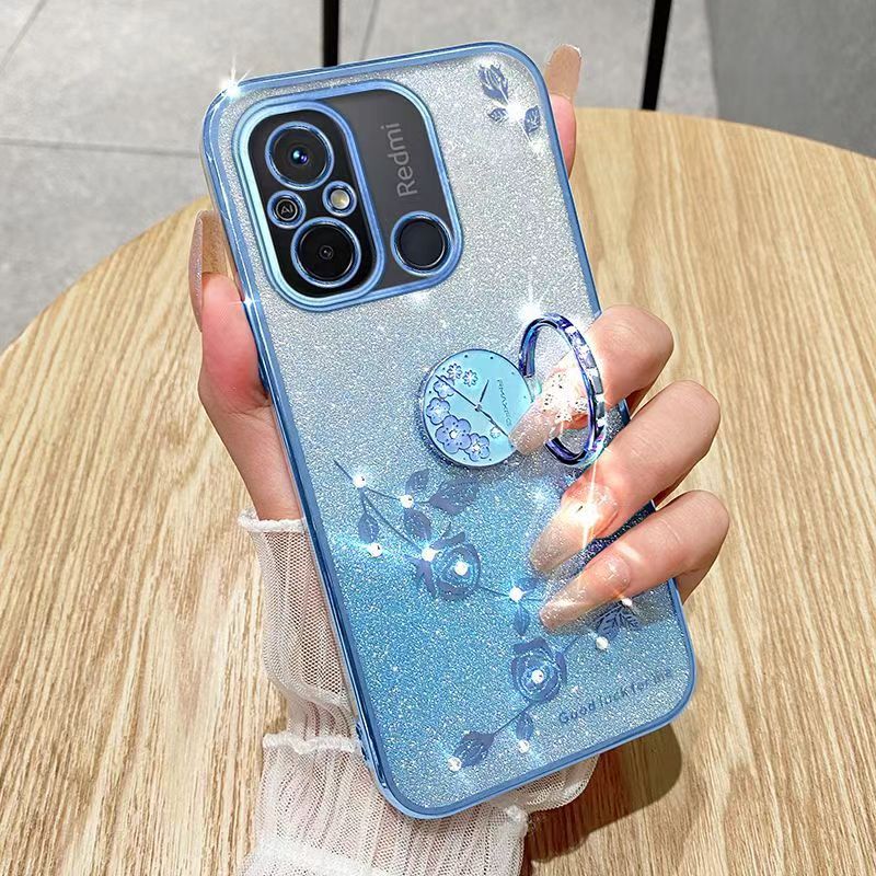 For Xiaomi Redmi 12C Phone Case Flash Women's and Girls Pink Flower Transparent Shock Protection Luxury Diamond Shining Phone Case Soft TPU
