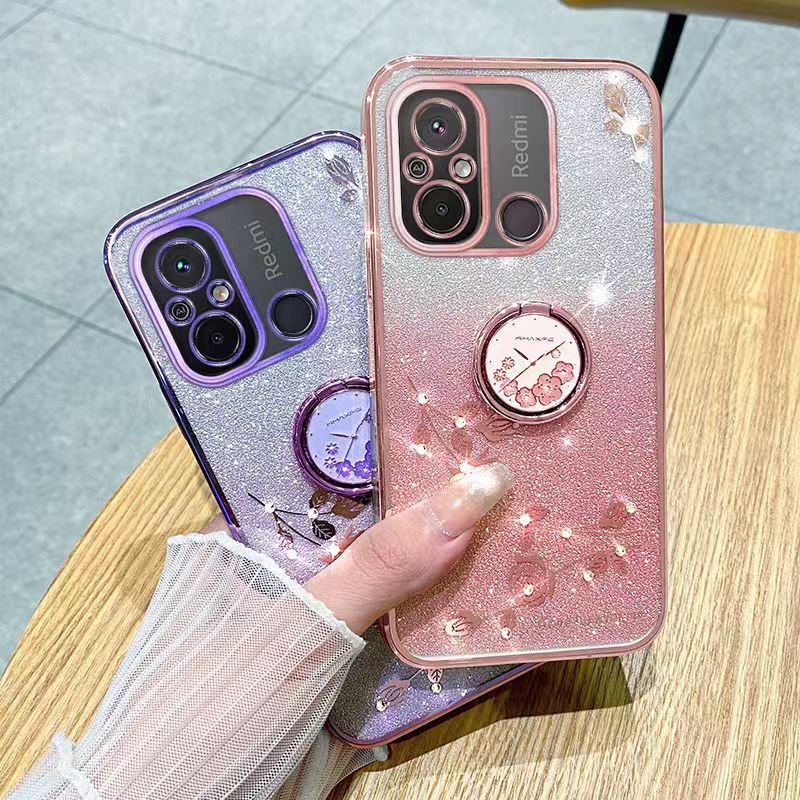 For Xiaomi Redmi 12C Phone Case Flash Women's and Girls Pink Flower Transparent Shock Protection Luxury Diamond Shining Phone Case Soft TPU