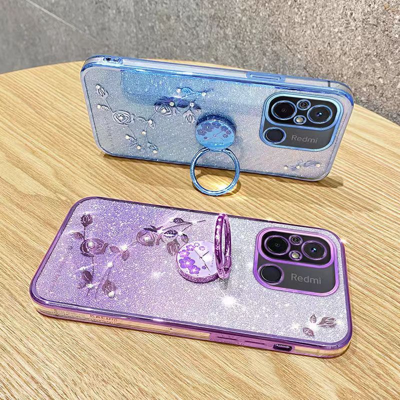 For Xiaomi Redmi 12C Phone Case Flash Women's and Girls Pink Flower Transparent Shock Protection Luxury Diamond Shining Phone Case Soft TPU
