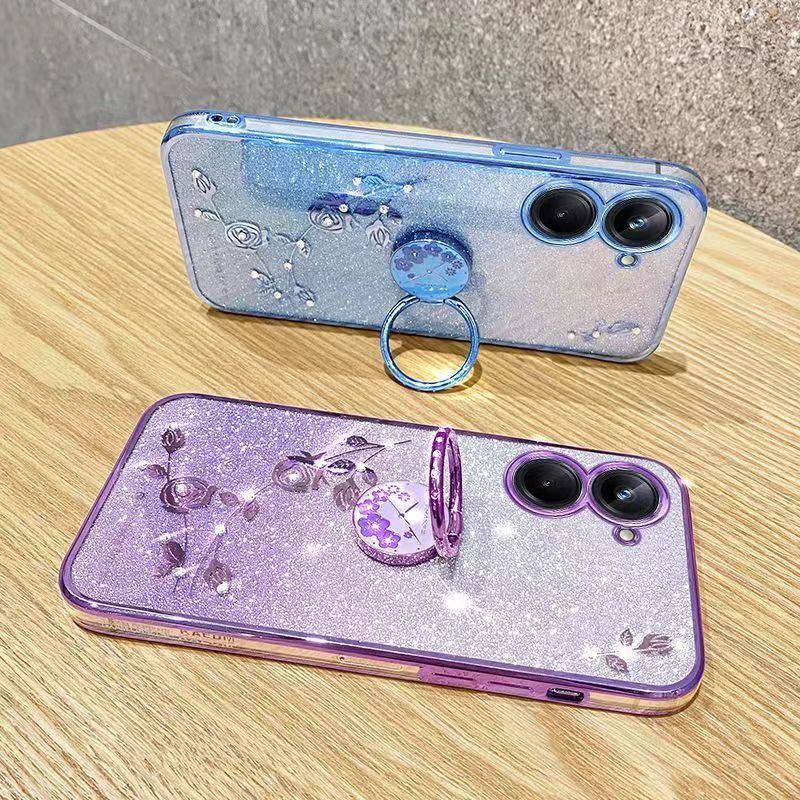 For Xiaomi Redmi 13C / Xiaomi Poco C65 Phone Case Flash Women's and Girls Pink Flower Transparent Shock Protection Luxury Diamond Shining Phone Case Soft TPU