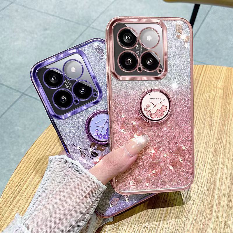 For XiaoMi 14 5G Phone Case Flash Women's and Girls Pink Flower Transparent Shock Protection Luxury Diamond Shining Phone Case Soft TPU