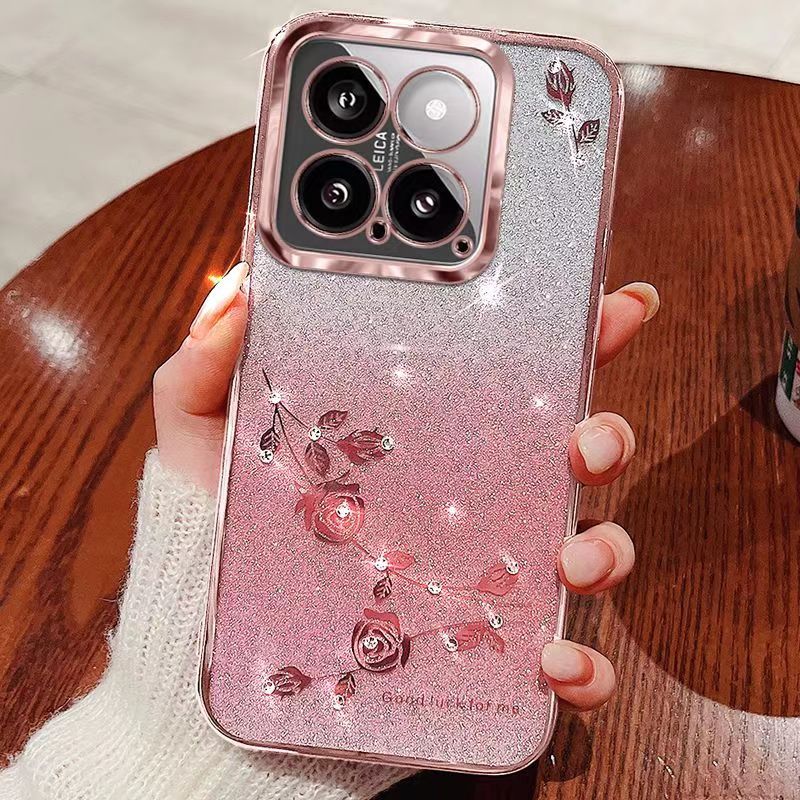 For XiaoMi 14 5G Phone Case Flash Women's and Girls Pink Flower Transparent Shock Protection Luxury Diamond Shining Phone Case Soft TPU