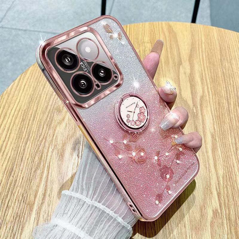 For XiaoMi 14 5G Phone Case Flash Women's and Girls Pink Flower Transparent Shock Protection Luxury Diamond Shining Phone Case Soft TPU