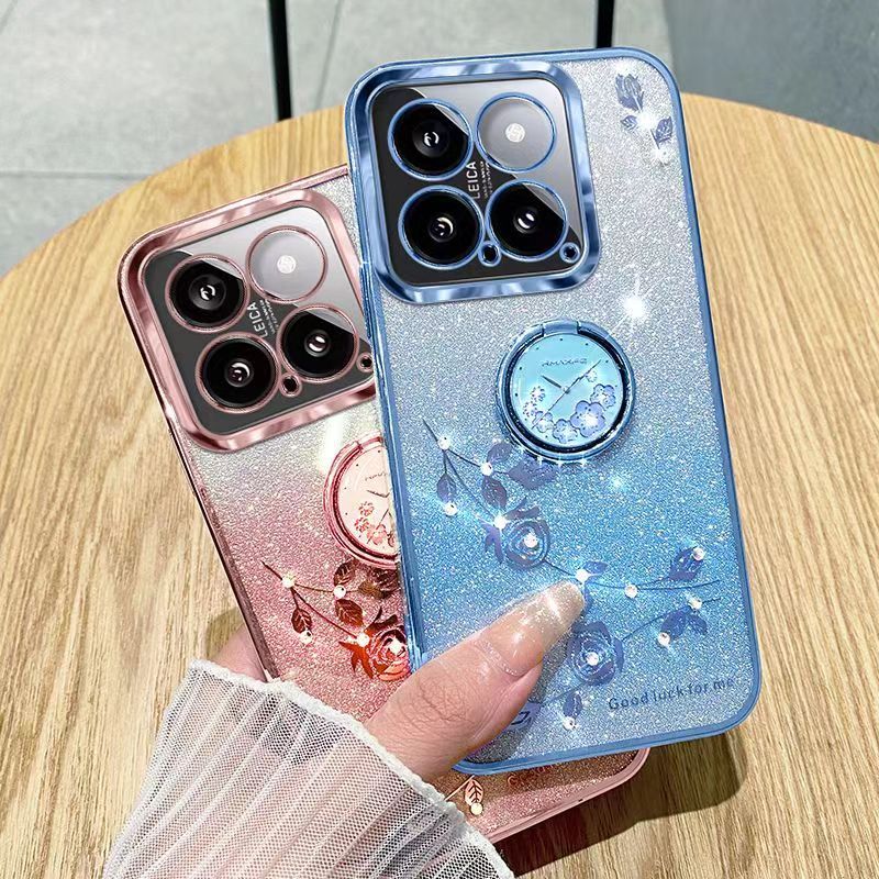 For XiaoMi 14 5G Phone Case Flash Women's and Girls Pink Flower Transparent Shock Protection Luxury Diamond Shining Phone Case Soft TPU