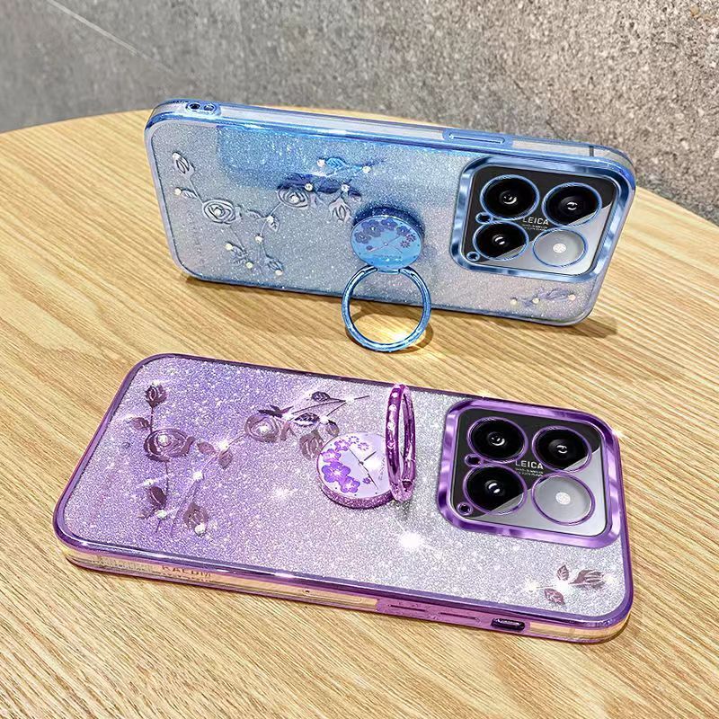 For XiaoMi 14 5G Phone Case Flash Women's and Girls Pink Flower Transparent Shock Protection Luxury Diamond Shining Phone Case Soft TPU