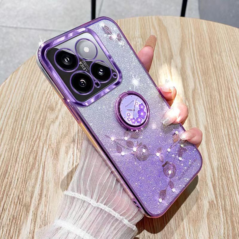 For XiaoMi 14 5G Phone Case Flash Women's and Girls Pink Flower Transparent Shock Protection Luxury Diamond Shining Phone Case Soft TPU