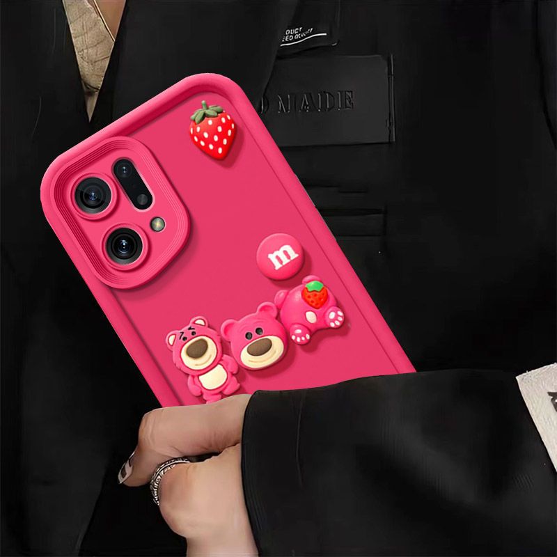 Fashionable Cute Strawberry Bear Silicone Phone Case For OPPO Find X5 Pro 6.7" inch Cartoon Protective Case
